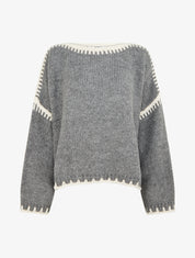 Pull en maille uni à bandes contrastantes - Gris - 1