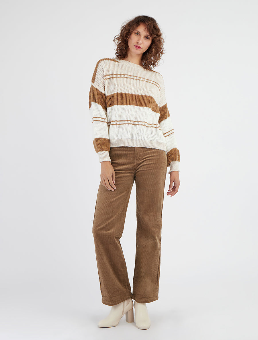 Strickpullover mit kontrastierenden Streifen - Beige/Kamel