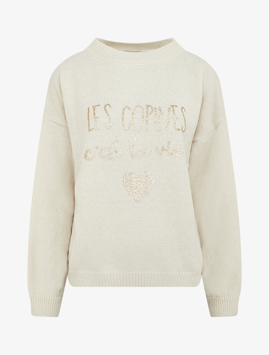 Pull en maille uni à flocage - Crème - 1