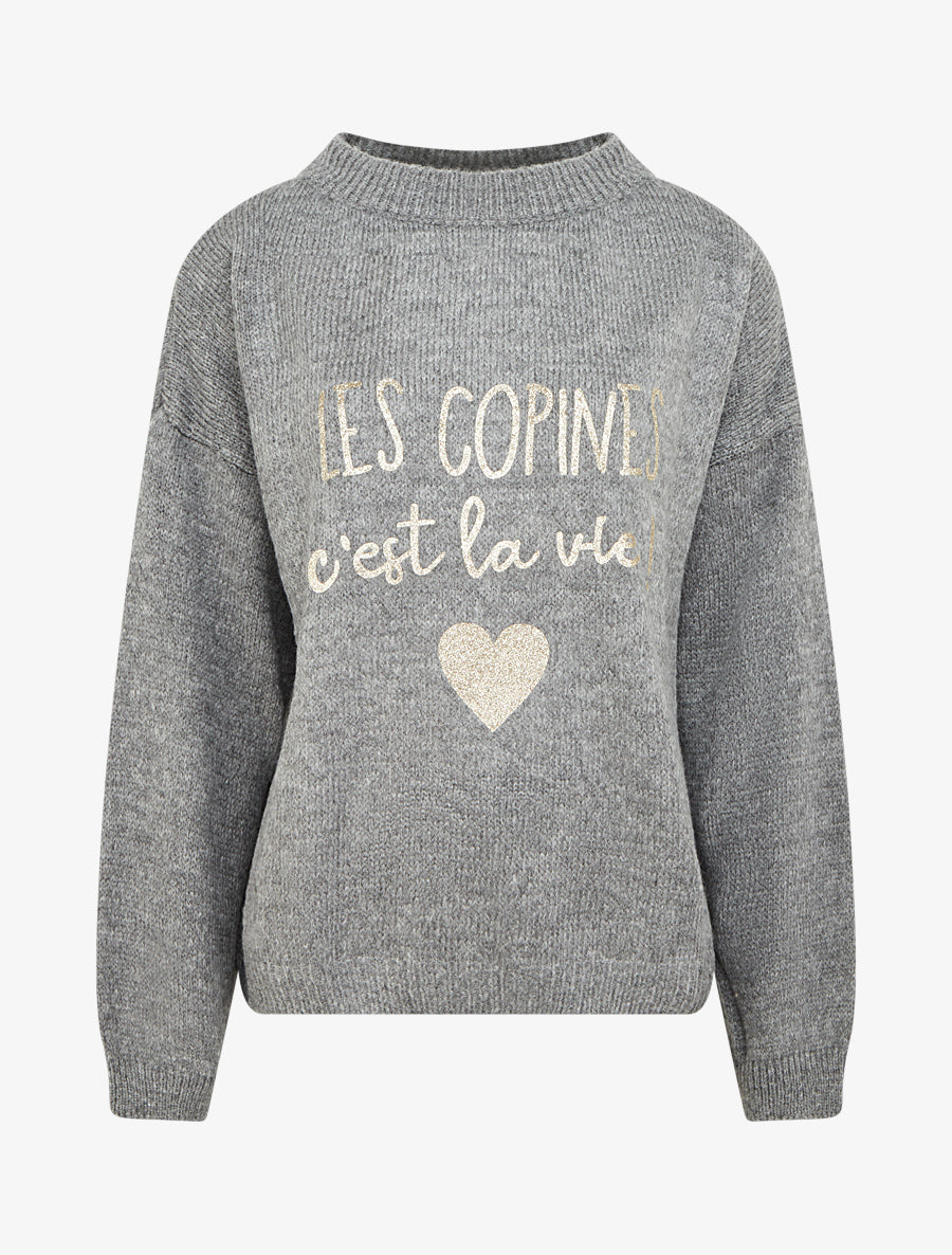 Pull en maille uni à flocage - Gris - 1