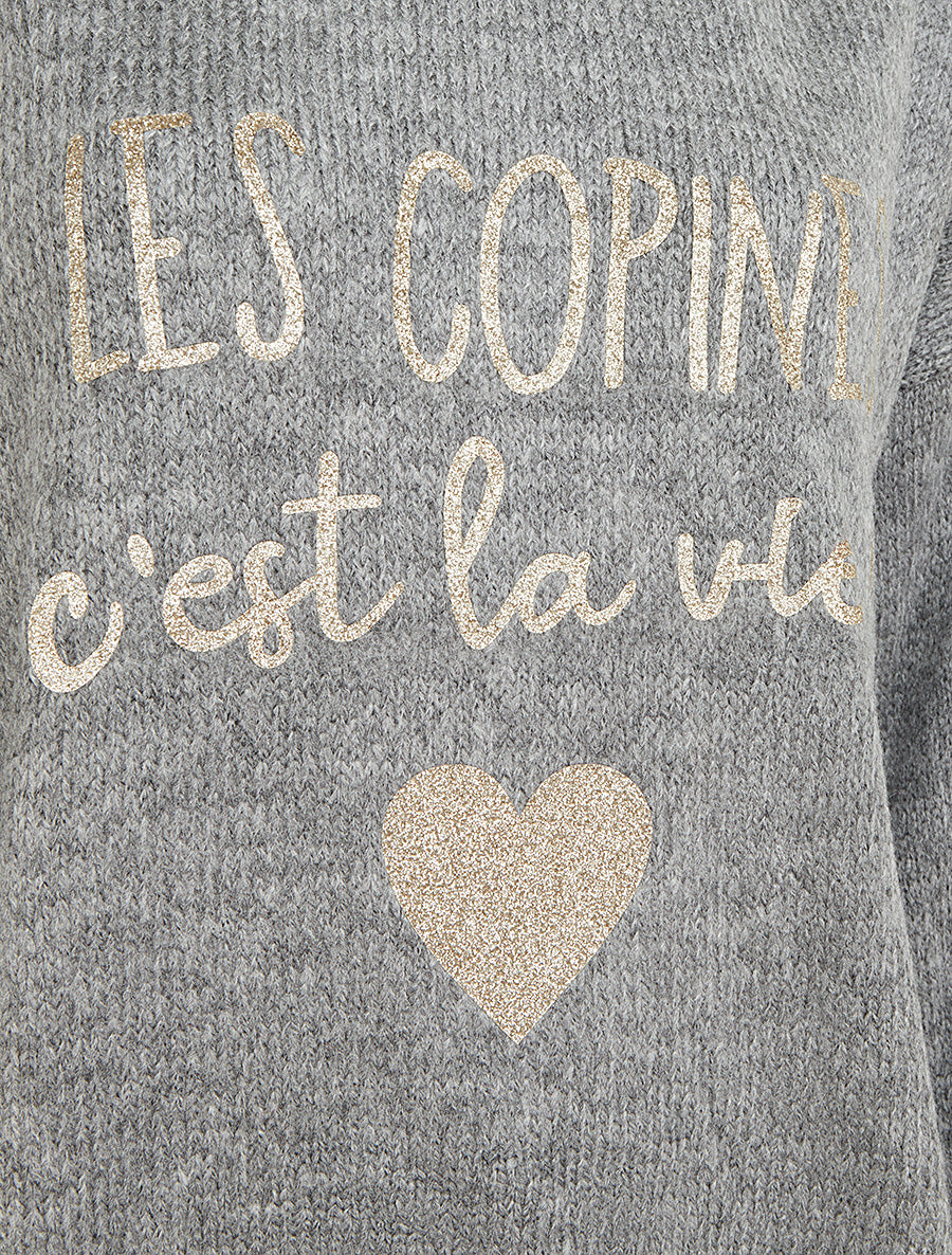Pull en maille uni à flocage - Gris - 3