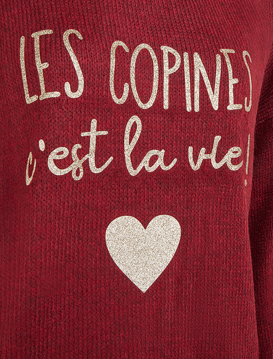 Pull en maille uni à flocage - Lie de vin - 3