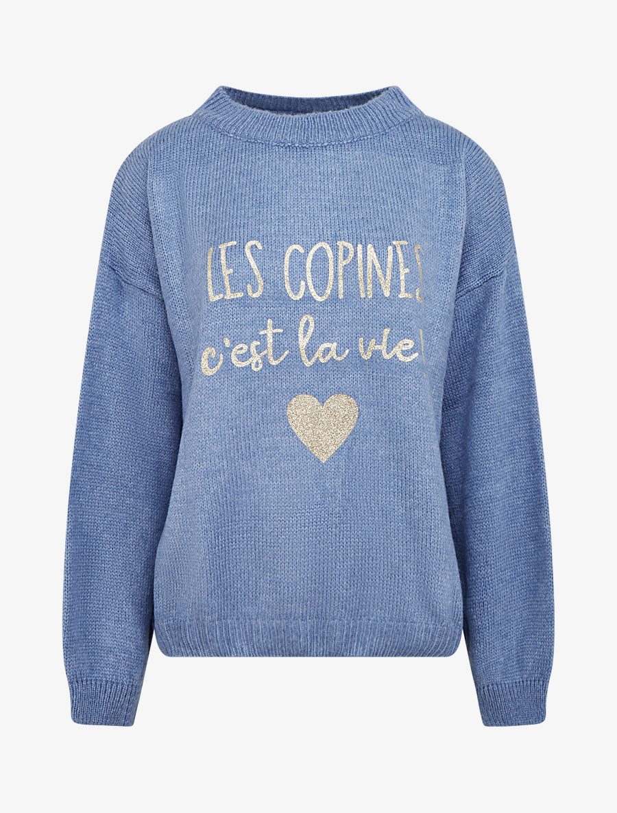 Pull en maille uni à flocage - Bleu - 1