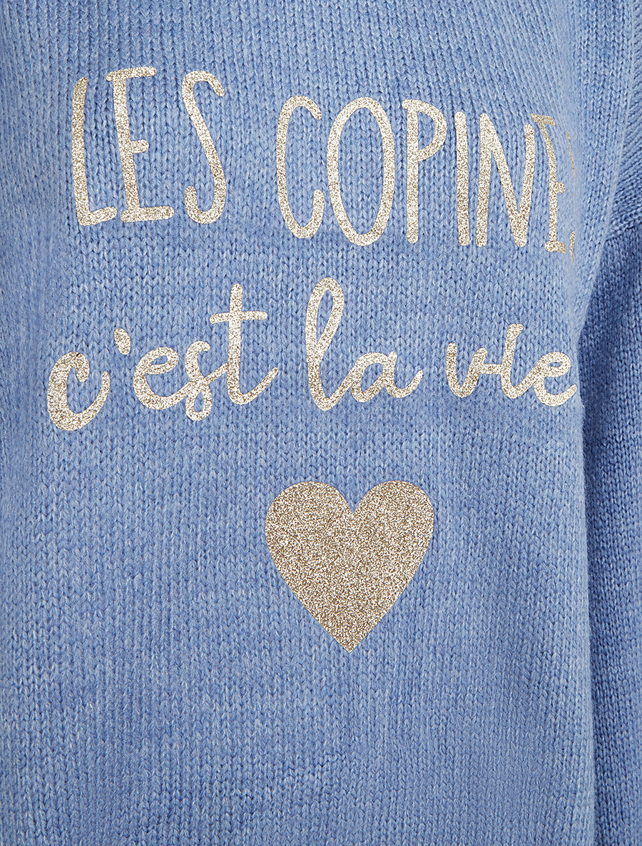 Pull en maille uni à flocage - Bleu - 3