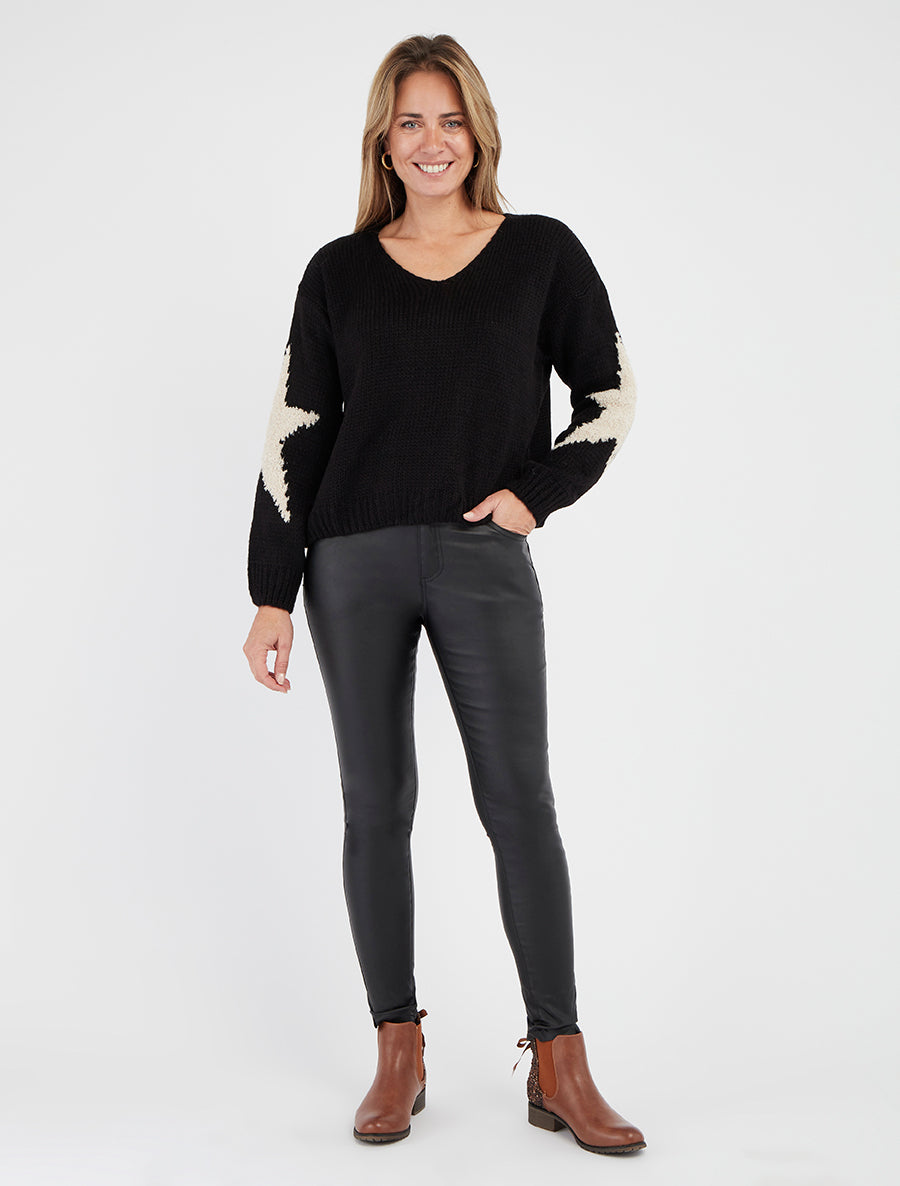 Unifarbener Strickpullover mit Sternenmuster - Schwarz