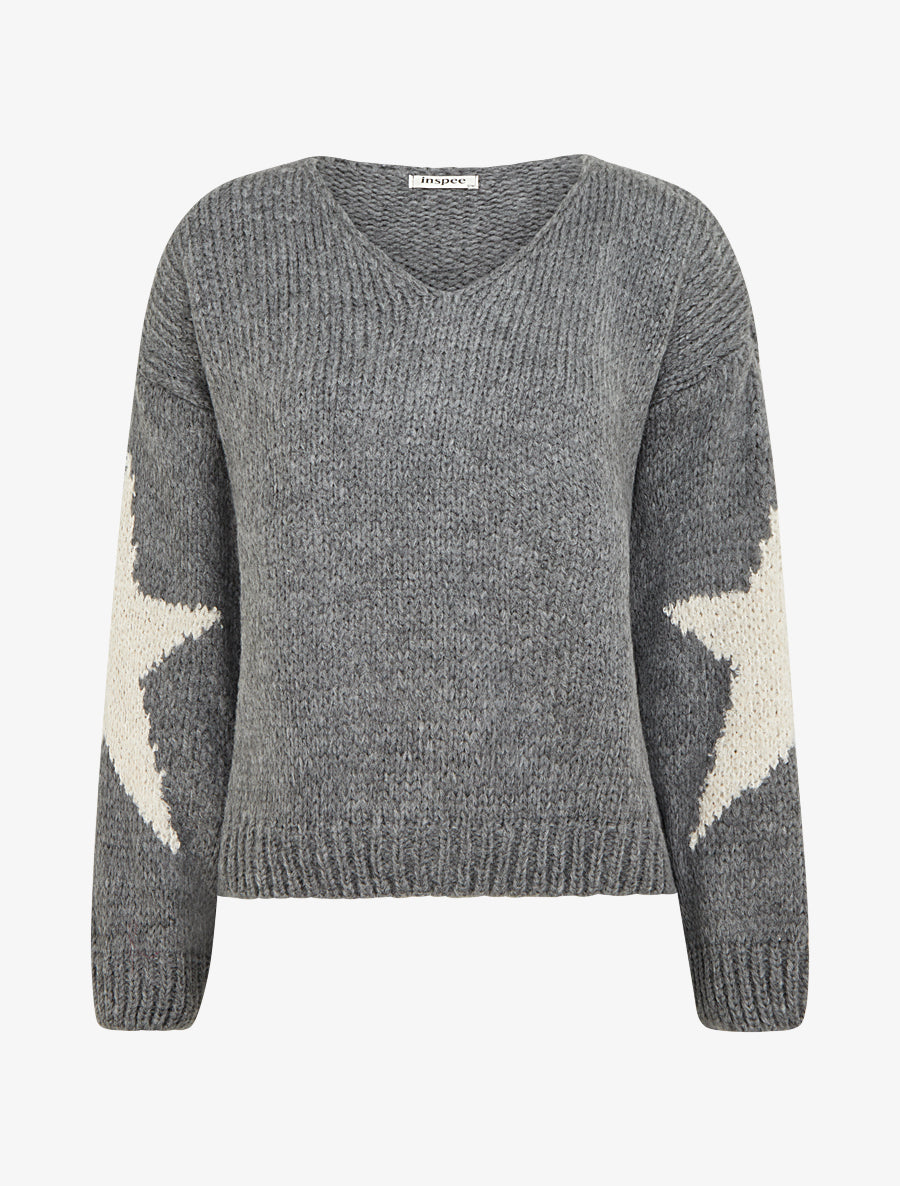 Pull en maille uni à motifs étoiles - Gris - 1
