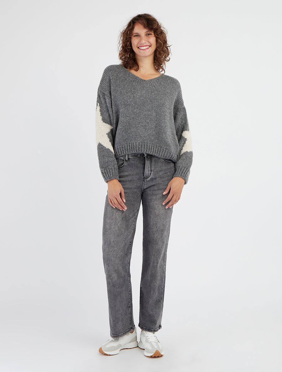 Unifarbener Strickpullover mit Sternenmuster - Grau