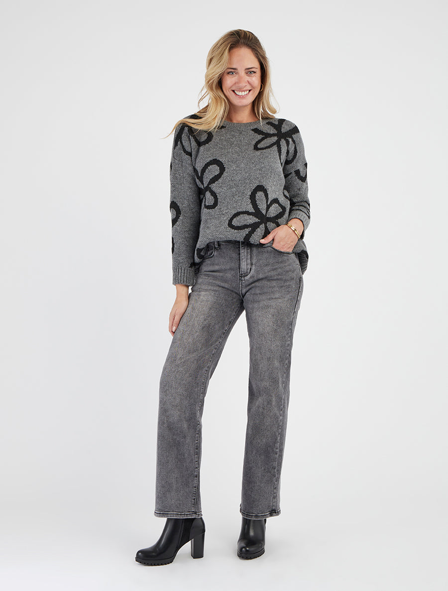 Gerader Pullover mit Blumenmuster - Grau