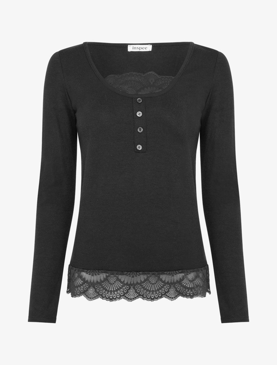 Pull fin à détail dentelle - Noir - 1