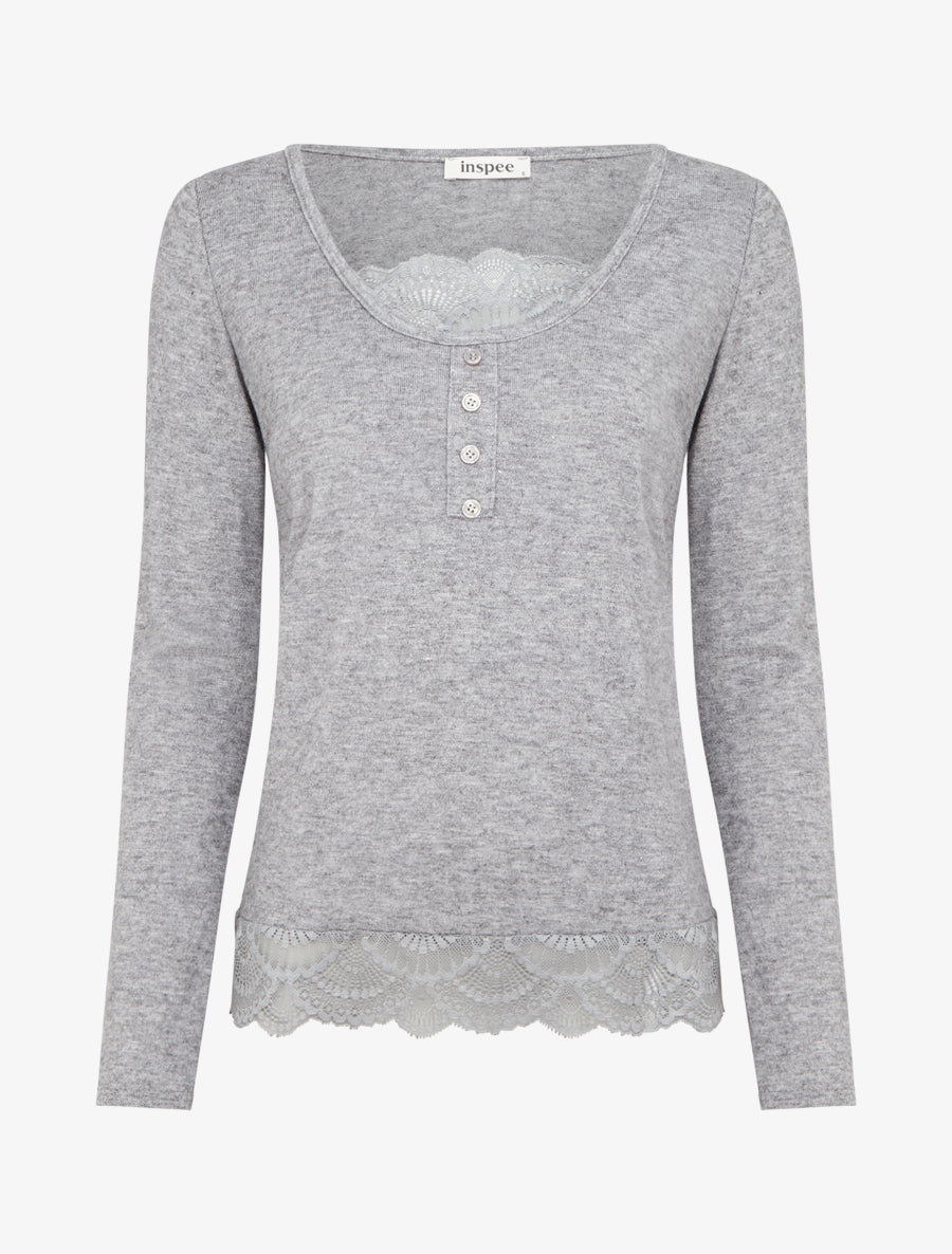 Pull fin à détail dentelle - Gris - 1