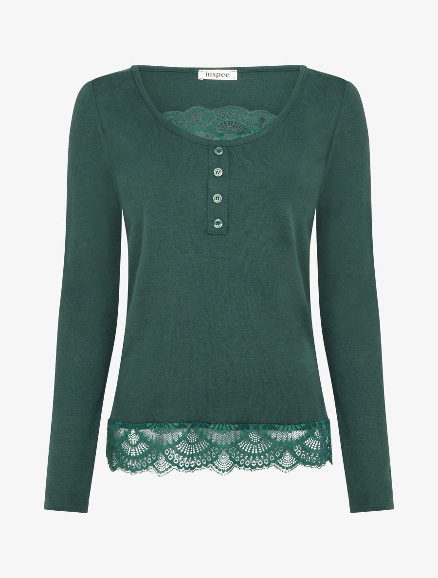 Pull fin à détail dentelle - Vert sapin - 1