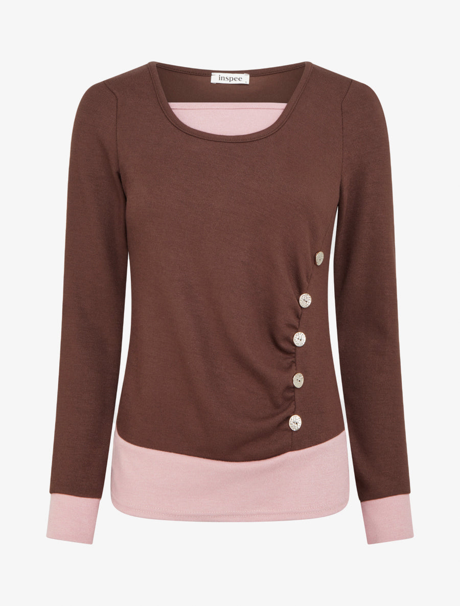 Pull bicolore à boutons décoratifs - Marron - 1