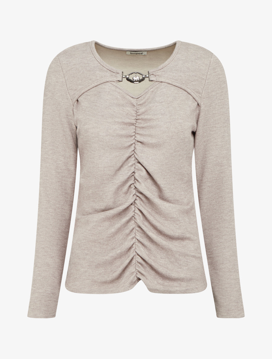 Pull fin à empiècement bijou strassé - Taupe - 1