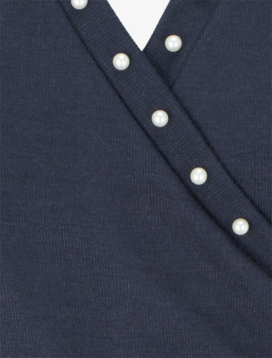 Pull fin à col cache-coeur orné de perles - Marine - 3