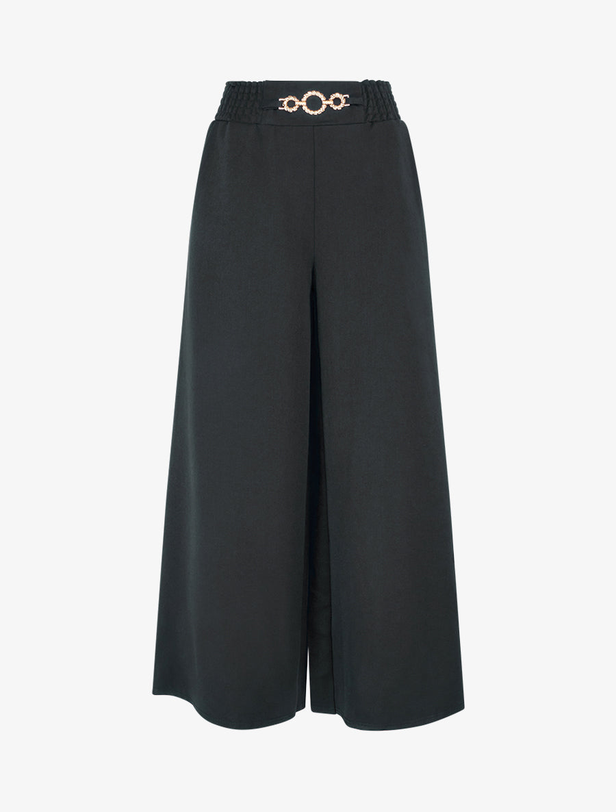 Pantalon palazzo taille froncée à anneaux - Noir - 1