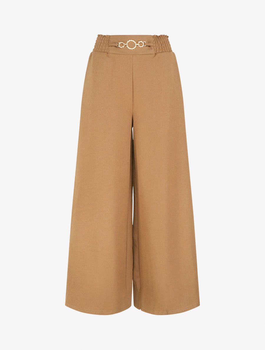 Pantalon palazzo taille froncée à anneaux - Camel - 1