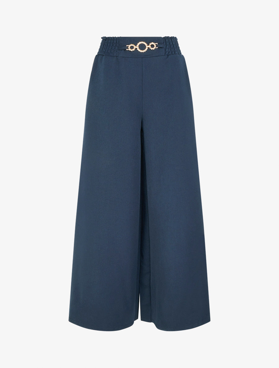 Pantalon palazzo taille froncée à anneaux - Marine - 1