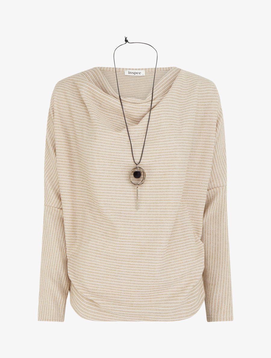 Pull fin rayé à col bénitier - Beige - 1
