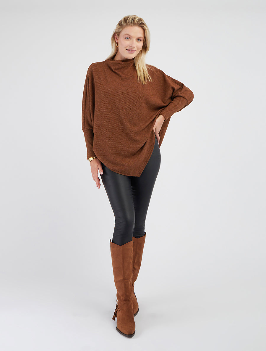 Poncho fin uni à manches longues - Marron - 8