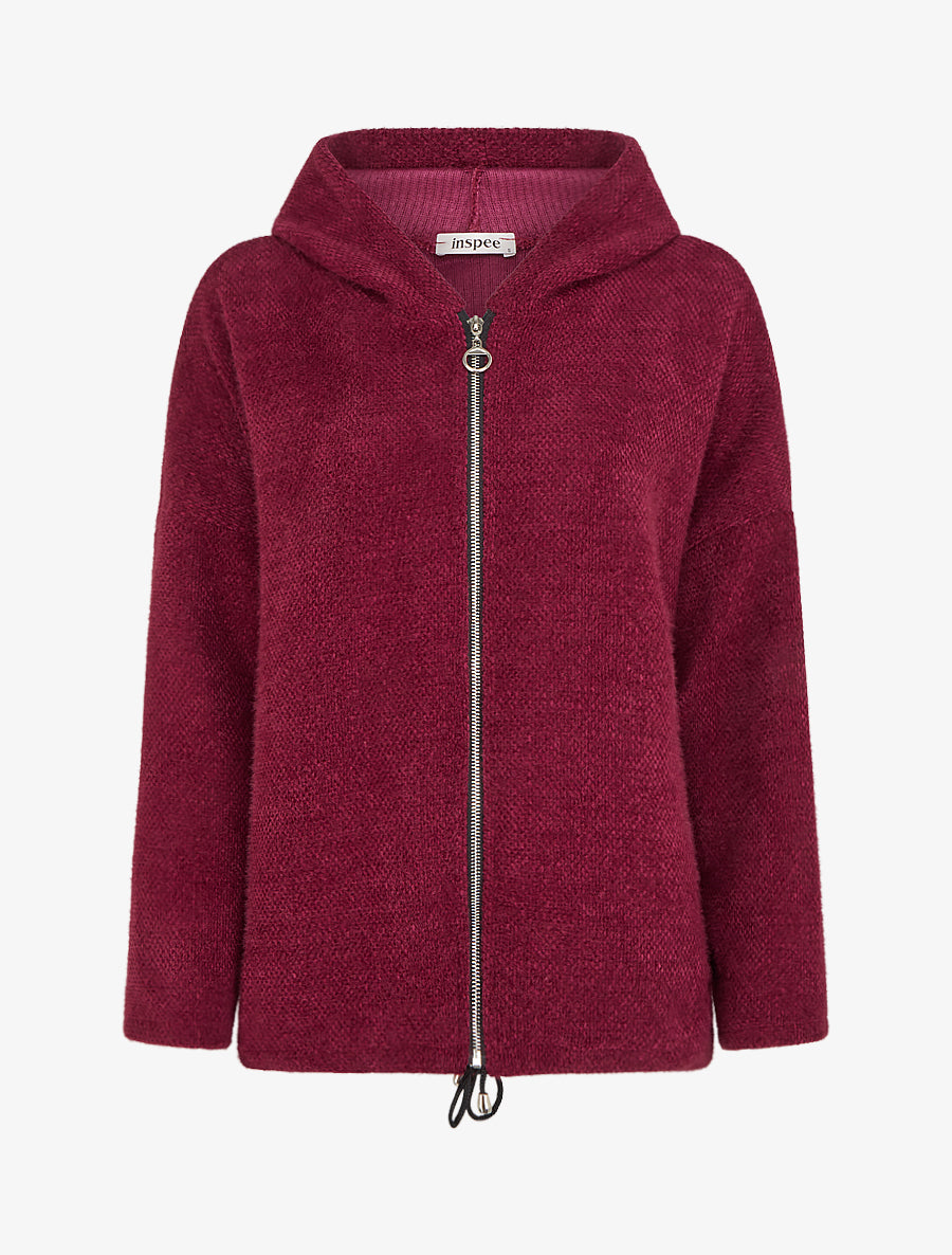 Gilet en maille zippé à capuche - Lie de vin - 1