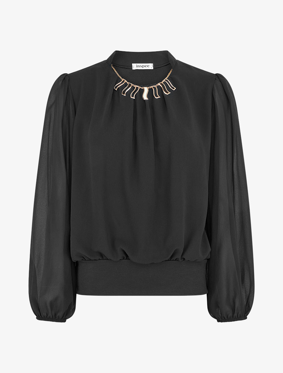 Blouse unie en voile à empiècement collier - Noir - 1