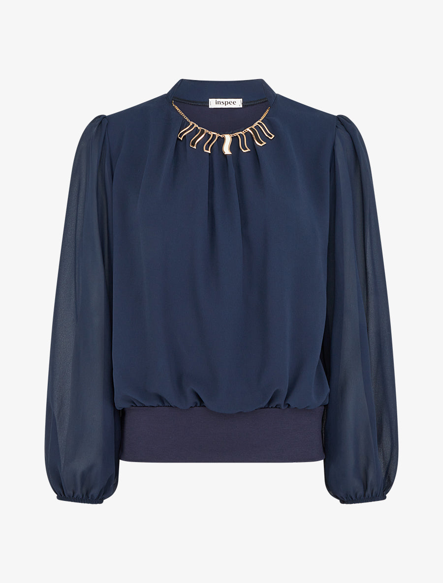 Blouse unie en voile à empiècement collier - Marine - 1