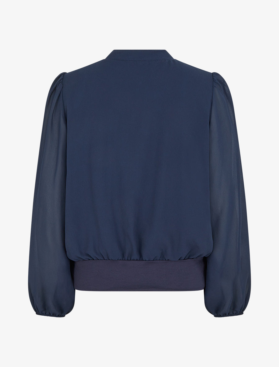 Blouse unie en voile à empiècement collier - Marine - 2