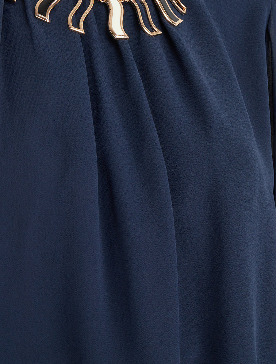 Blouse unie en voile à empiècement collier - Marine - 3