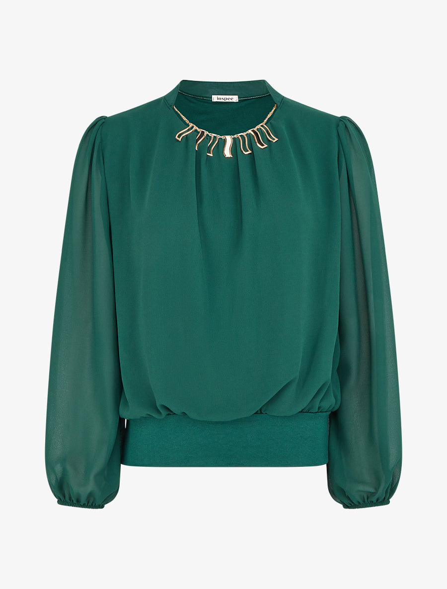 Blouse unie en voile à empiècement collier - Vert sapin - 1