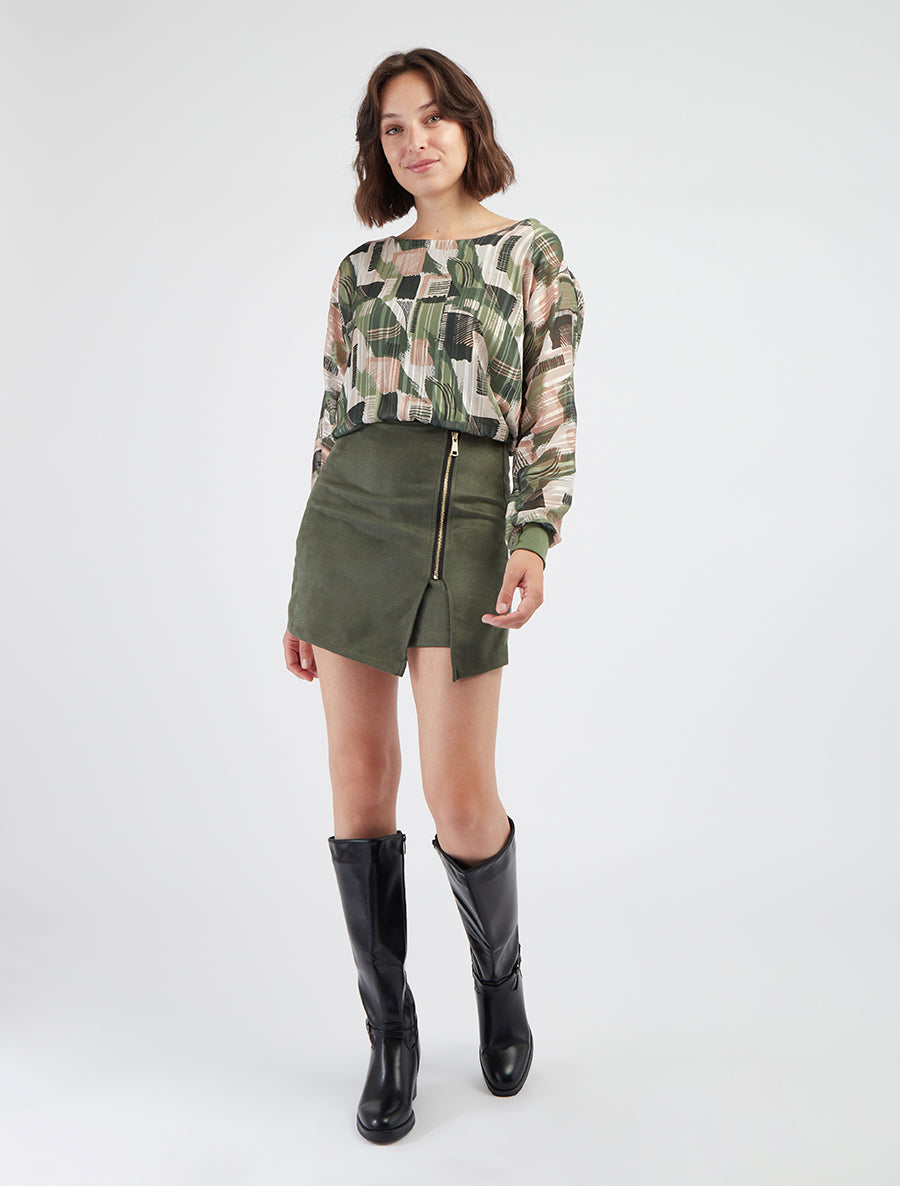 Blouse en voile imprimé fantaisie à détail irisé - Kaki - 8