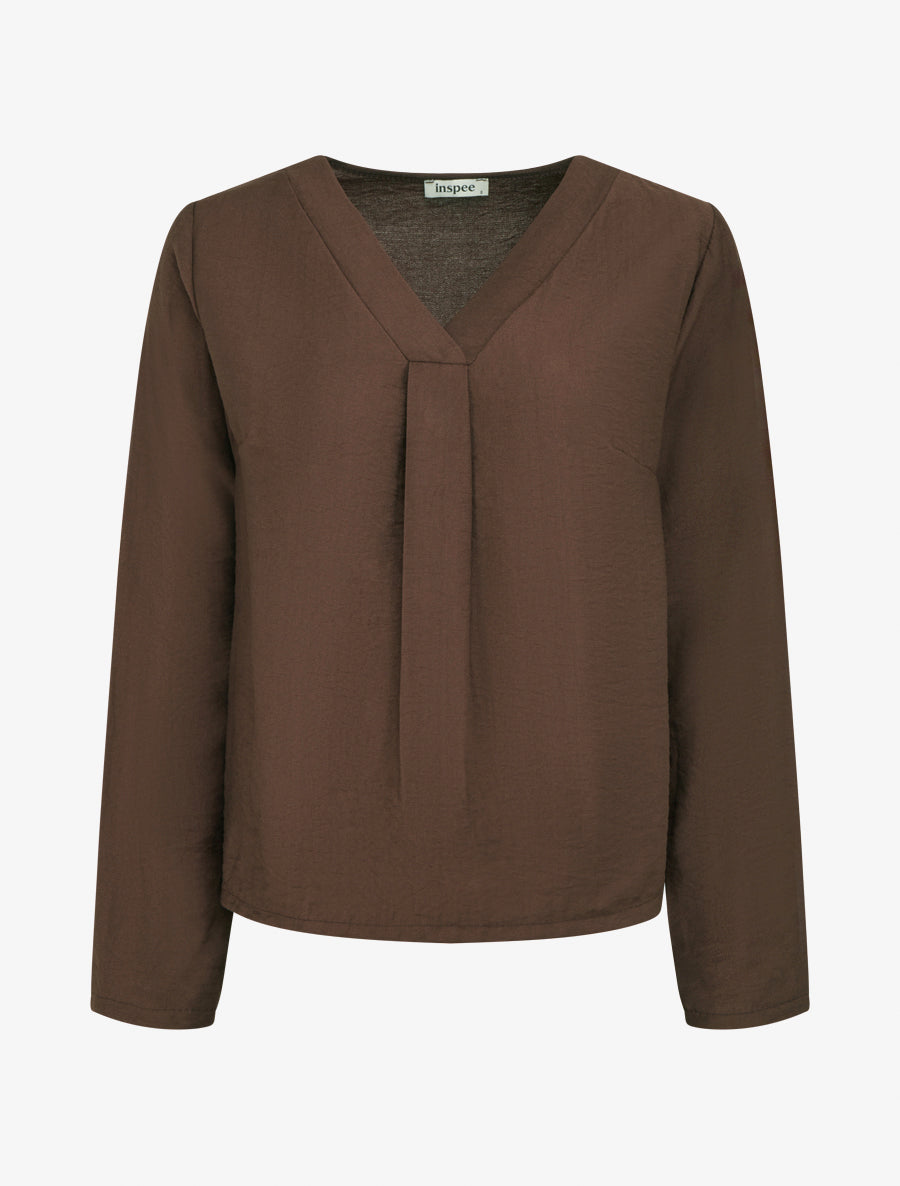 Blouse droite unie à col V - Marron - 1
