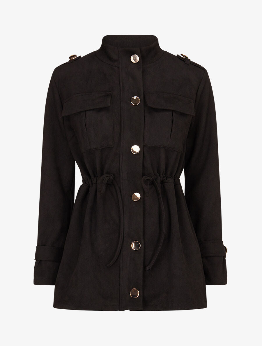Veste longue cintrée en suédine - Noir - 5