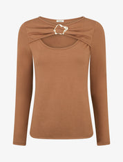 Pull fin à col rond ajouré à boucle - Camel - 1