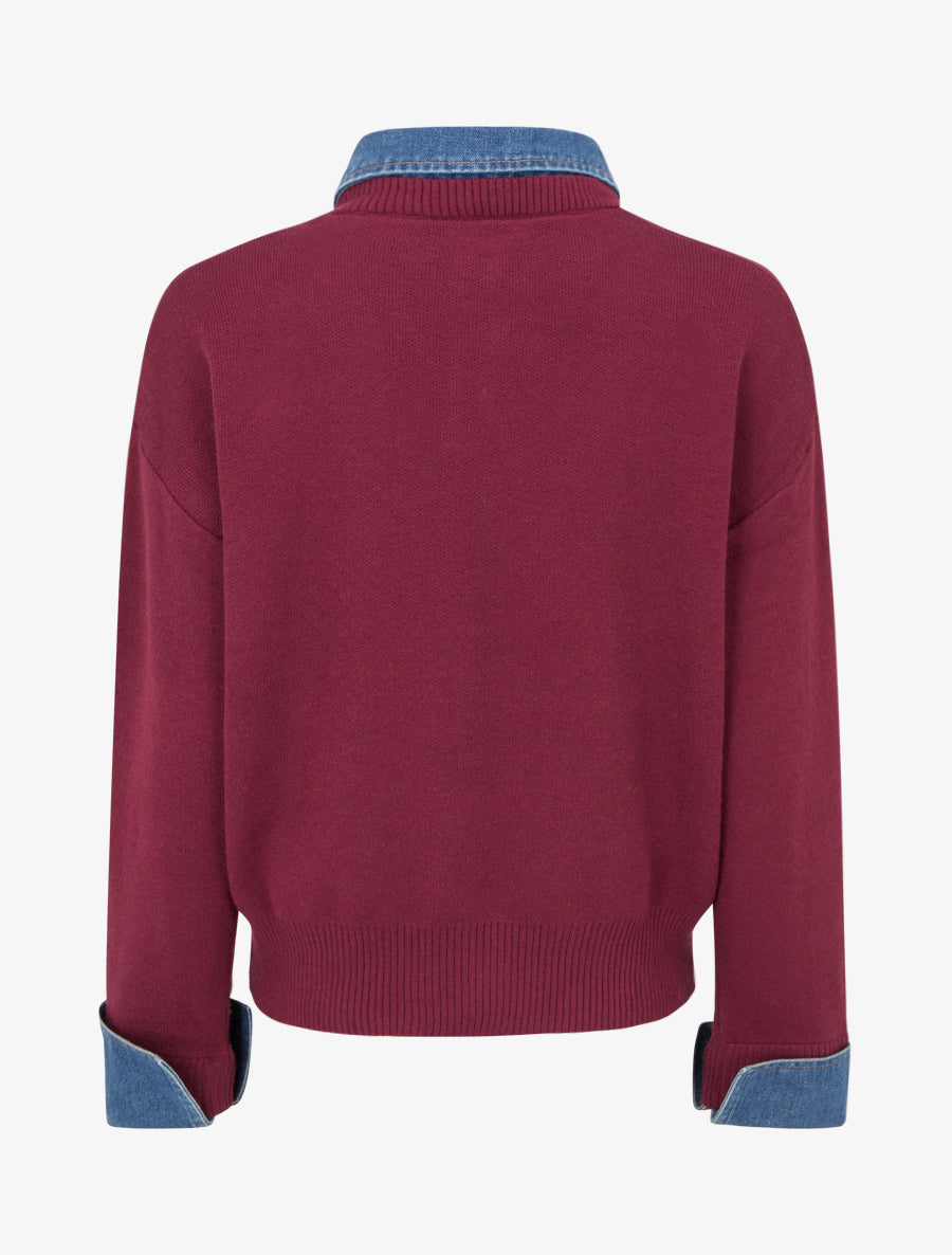 Pull uni à empiècement denim - Lie de vin - 2