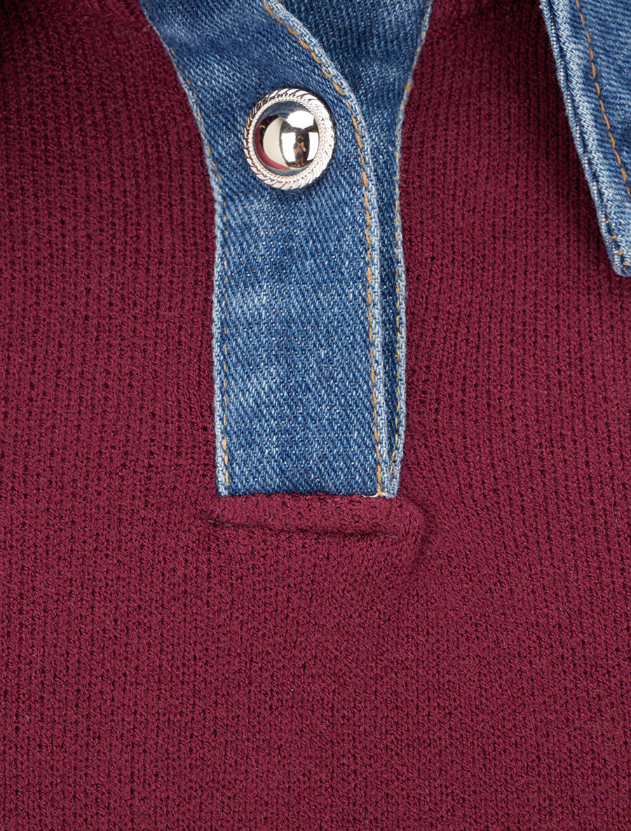 Pull uni à empiècement denim - Lie de vin - 3
