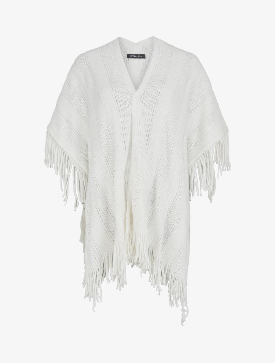 Poncho mi-long uni à franges - Blanc - 1