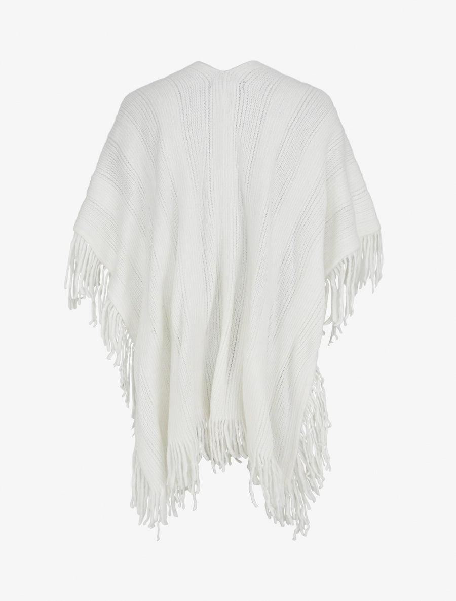 Poncho mi-long uni à franges - Blanc - 2