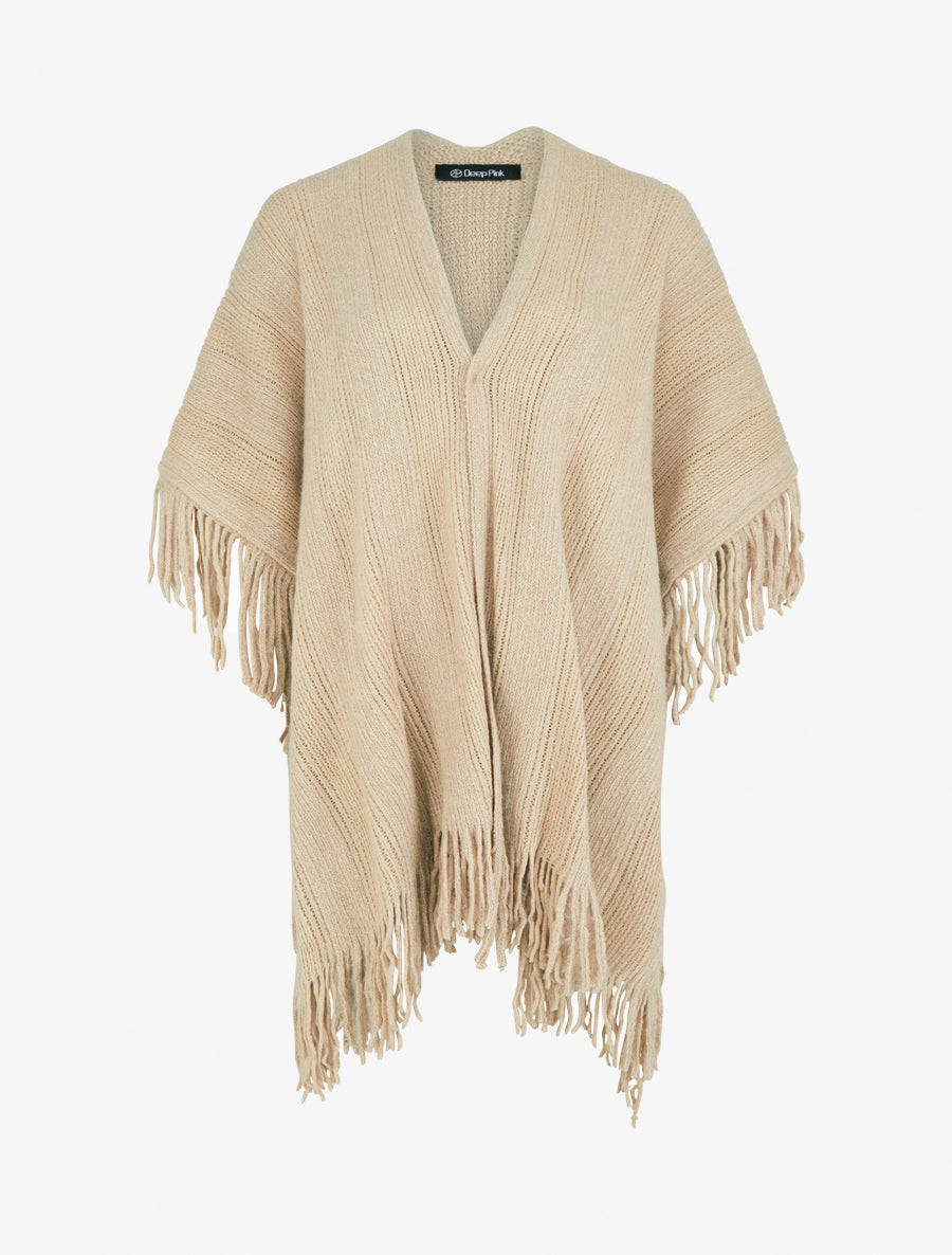 Poncho mi-long uni à franges - Beige - 1