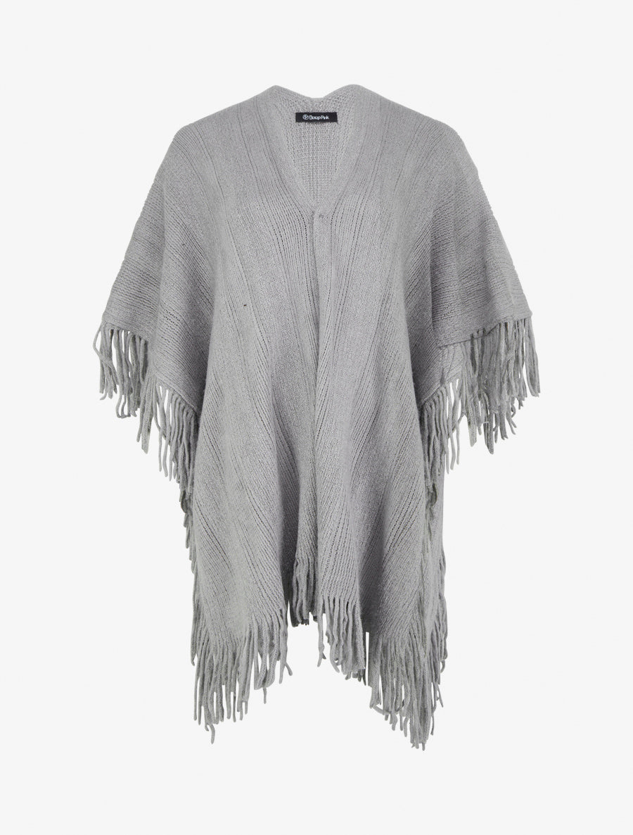 Poncho mi-long uni à franges - Gris - 1