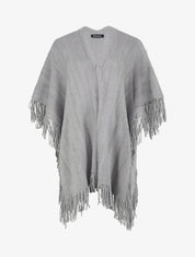 Poncho mi-long uni à franges - Gris - 1