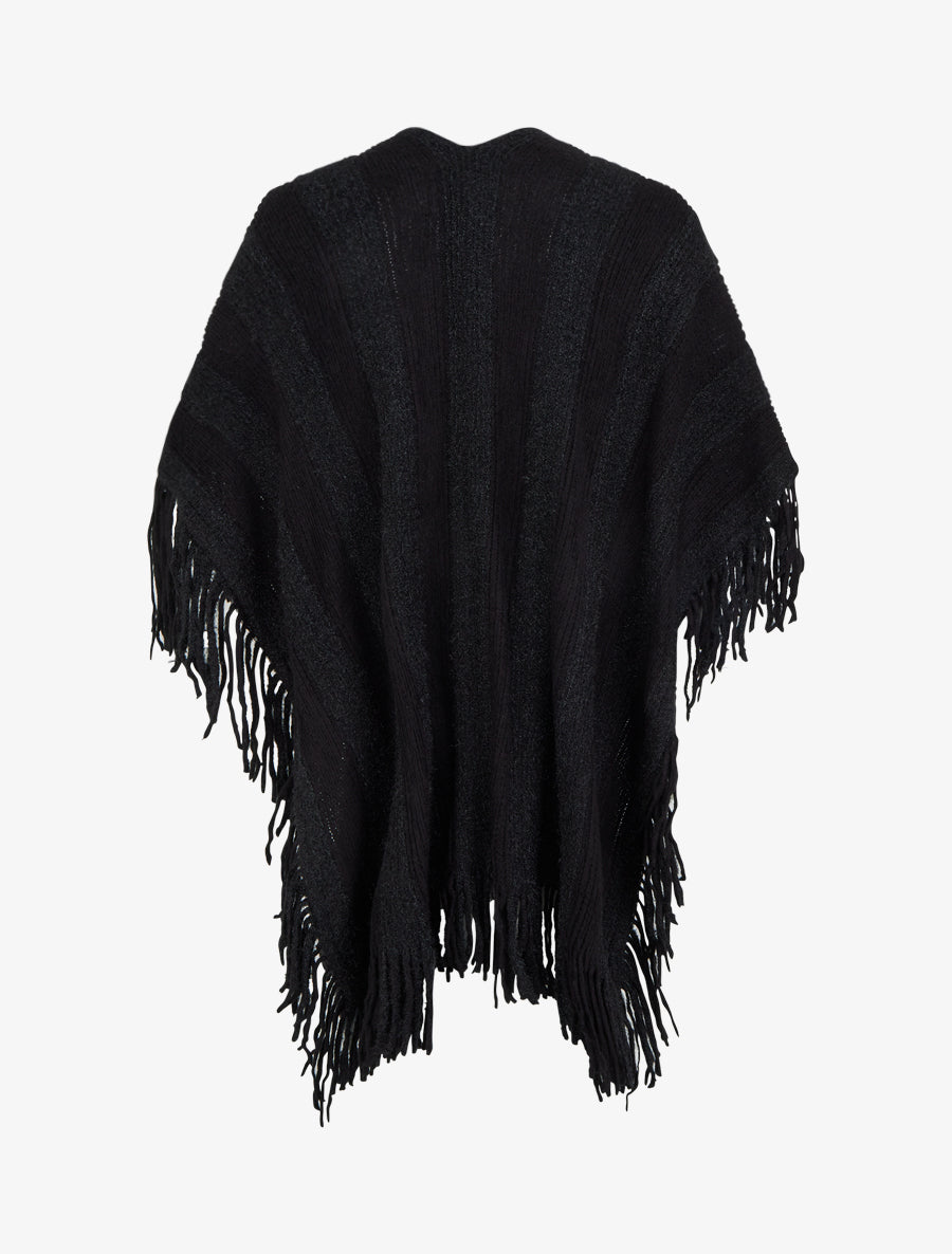 Poncho mi-long uni à franges - Noir - 2
