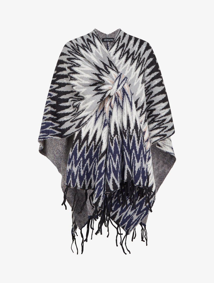 Poncho imprimé graphique à franges - Noir - 1
