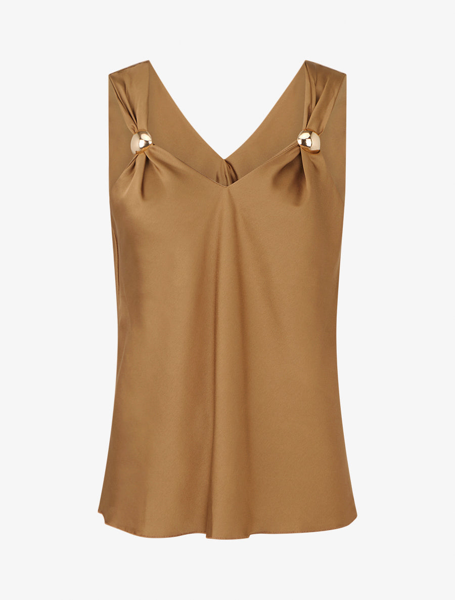 Top satiné à empiècement bijoux - Camel - 1