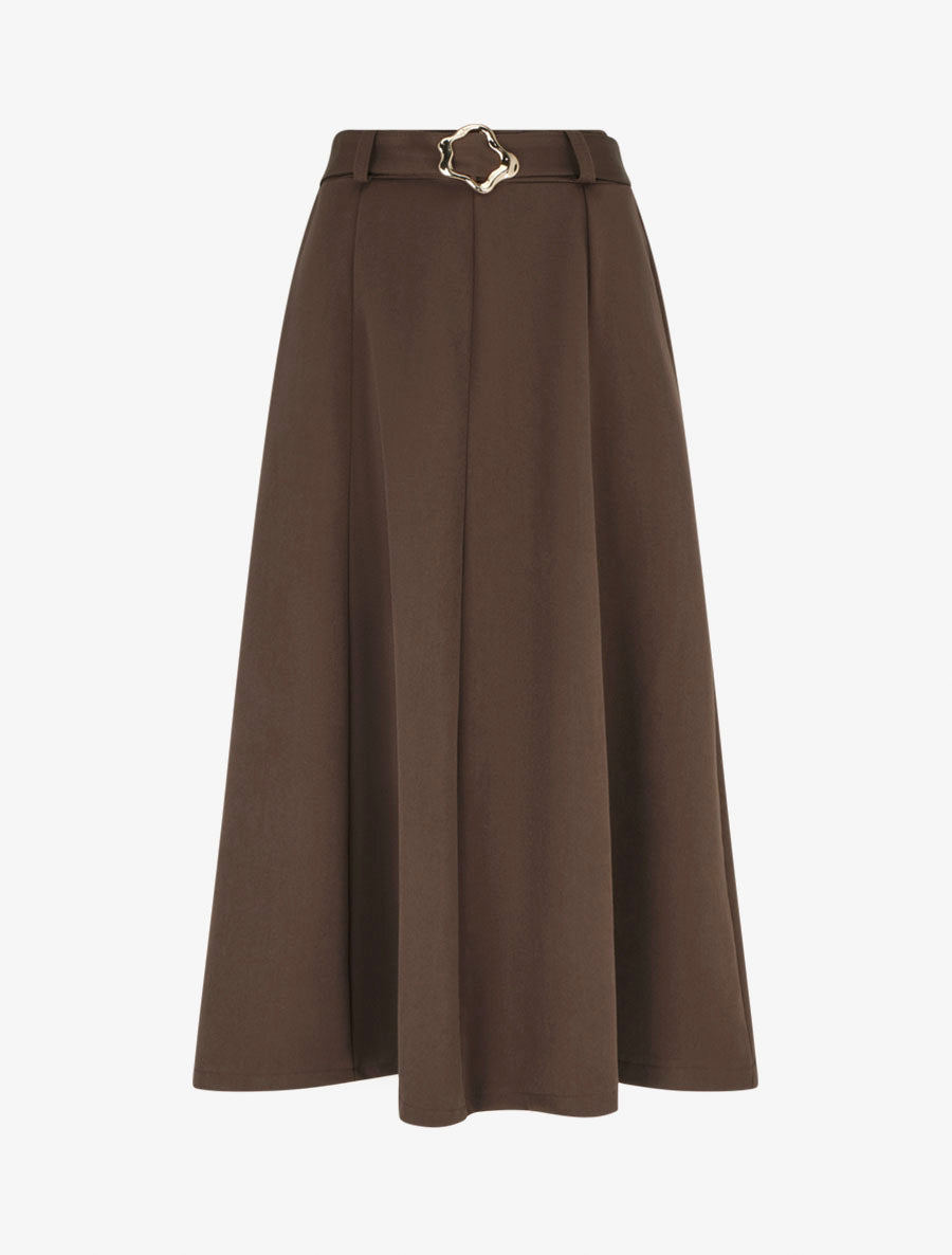 Jupe mi-longue unie à empiècement bijou - Marron - 1