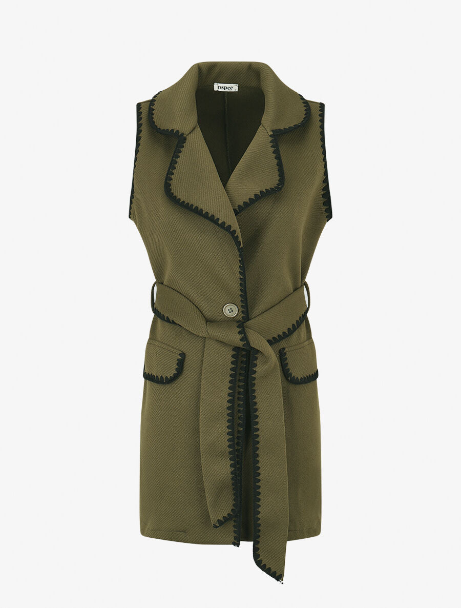 Gilet long sans manches à détail brodé - Kaki - 4