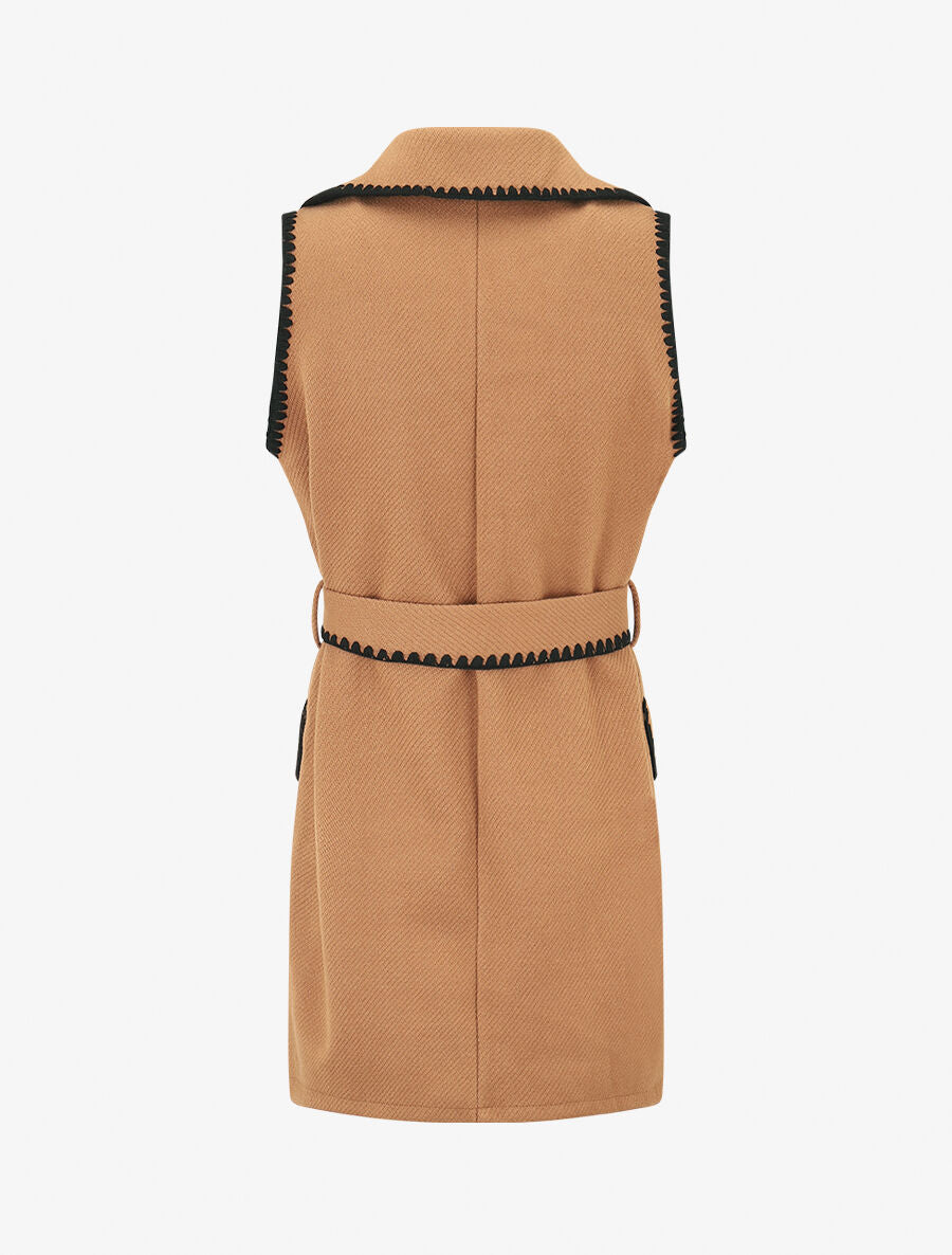 Gilet long sans manches à détail brodé - Camel - 2