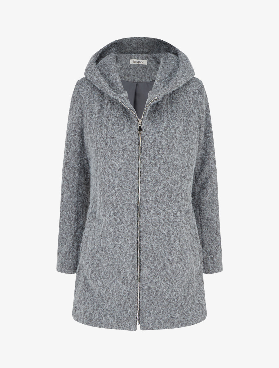 Manteau duveteux à capuche - Gris - 1