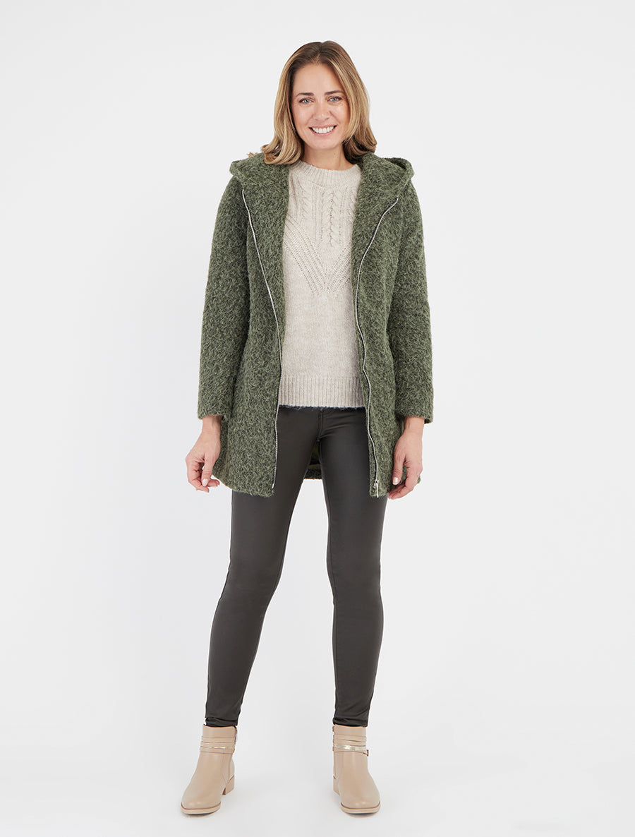 Flauschiger Mantel mit Kapuze - Kaki