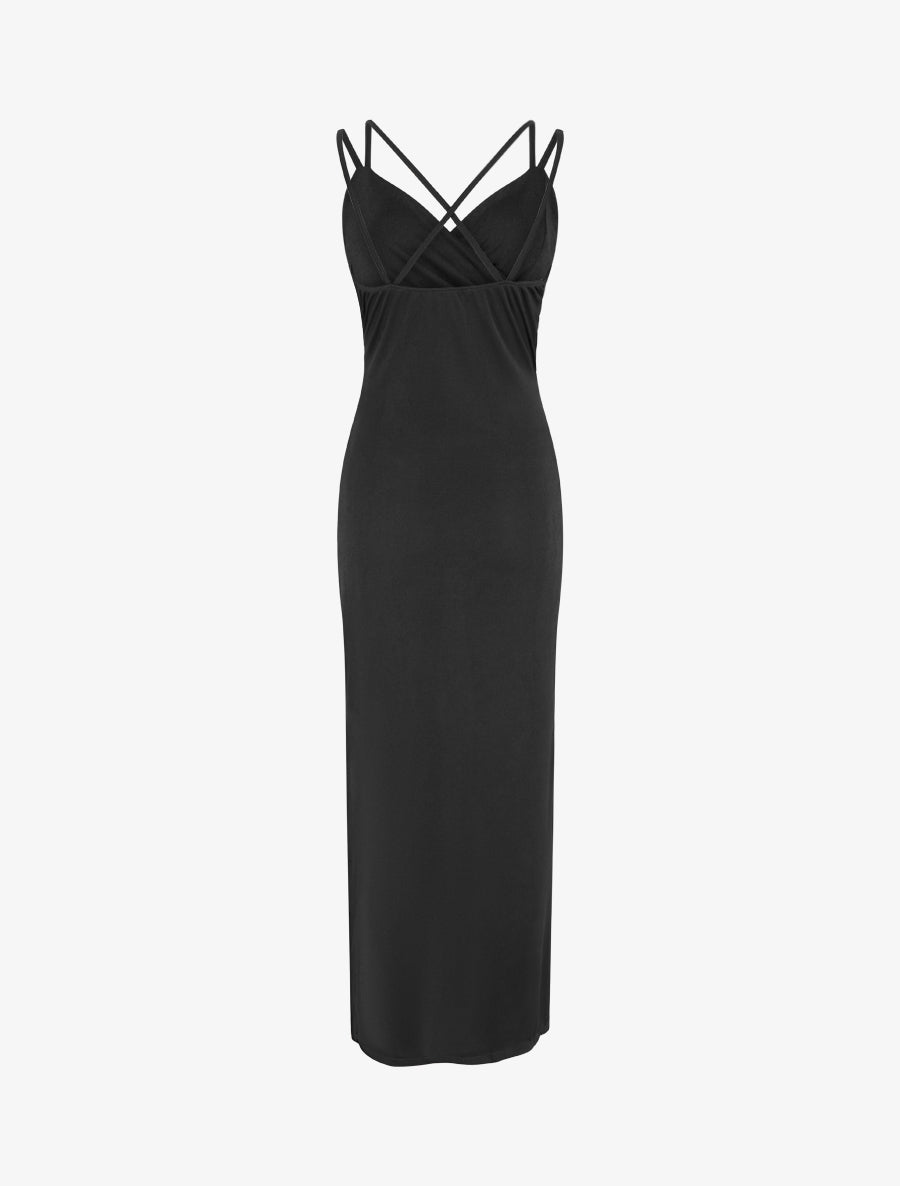 Robe longue ajustée à fente et bretelles - Noir - 2