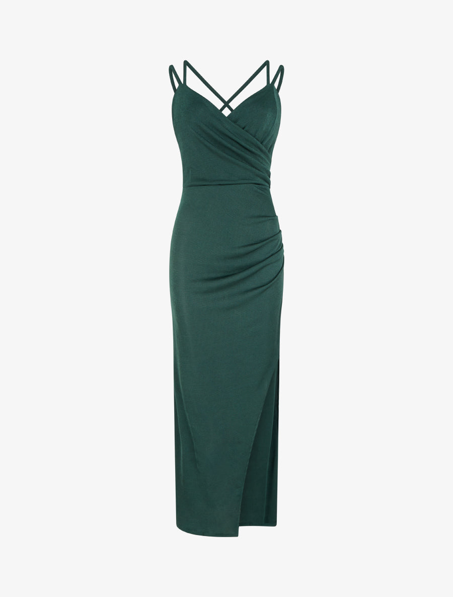 Robe longue ajustée à fente et bretelles - Vert foncé - 1